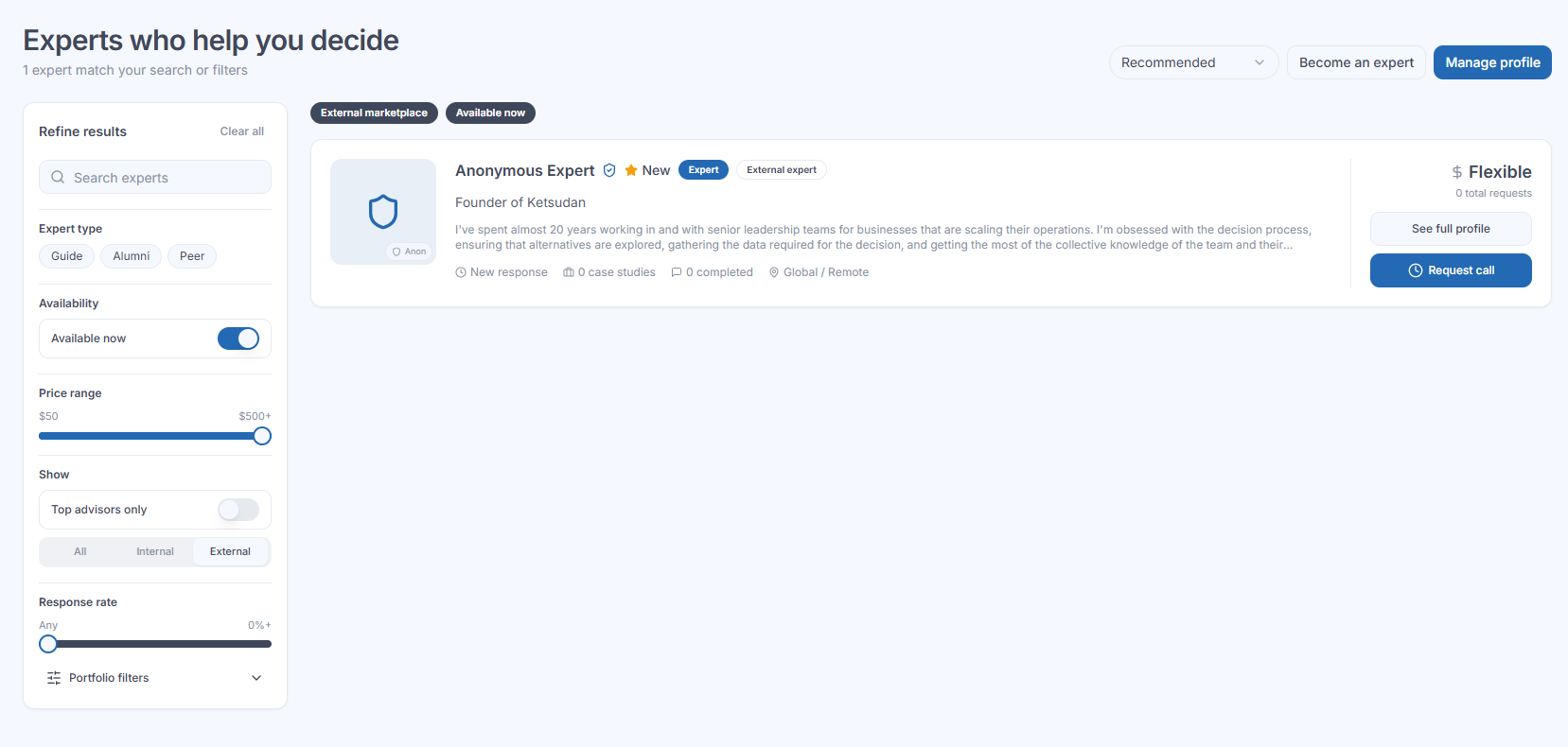 Ketsudan expert marketplace listing vetted experts by capability
